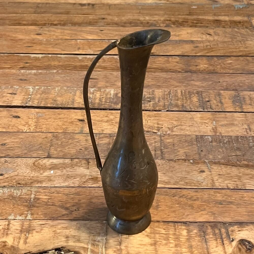 Vintage Brass Pitcher Jug Decanter Cobra Handle India 8'' Tall Etched